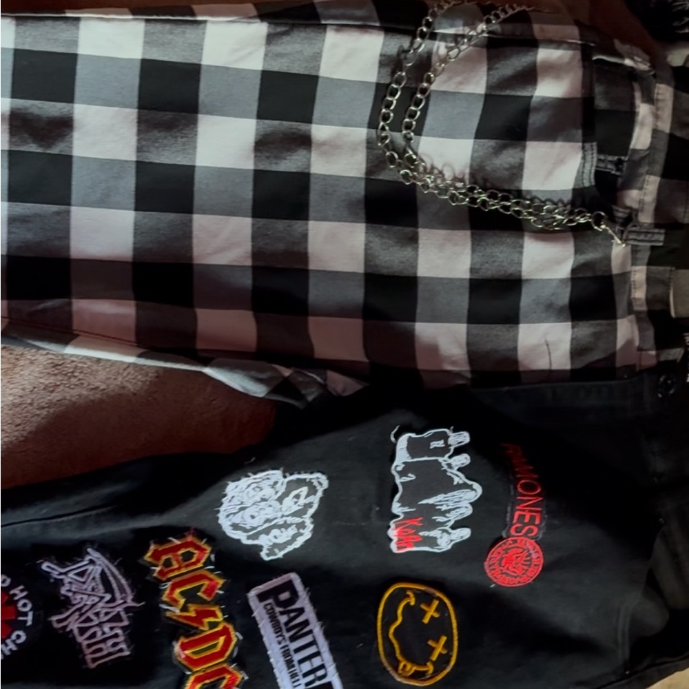 DIY Hand sewn patches Black and White Plaid Pants with Chain